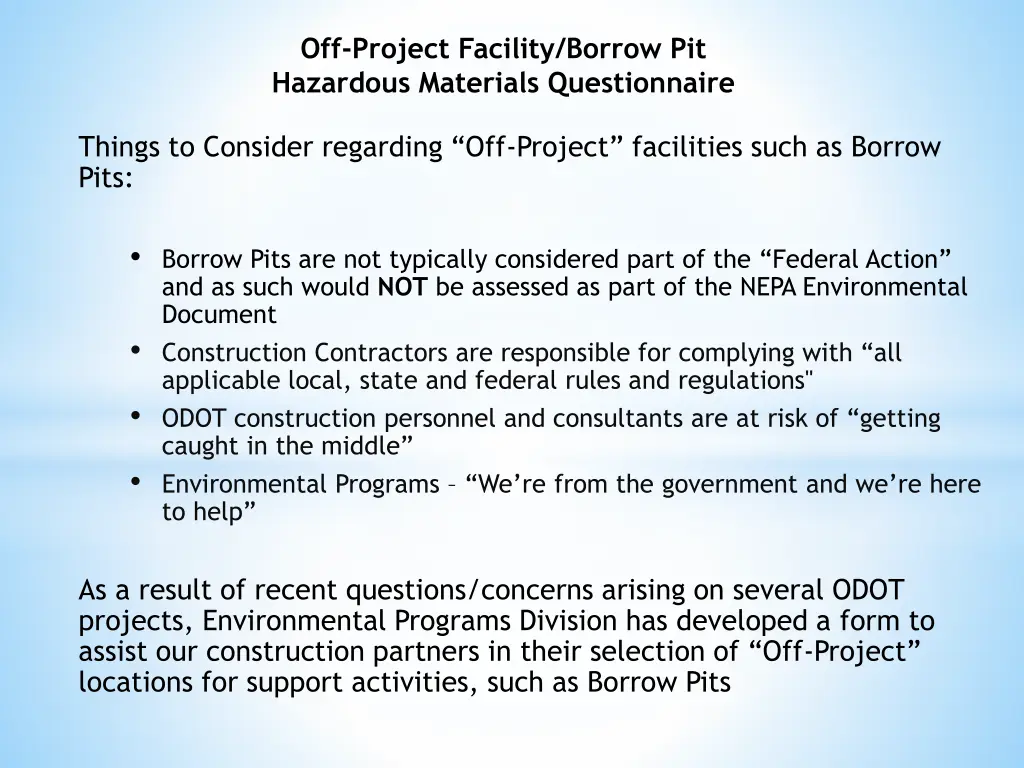 off project facility borrow pit hazardous