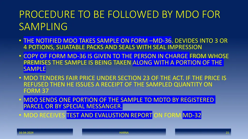 procedure to be followed by mdo for sampling