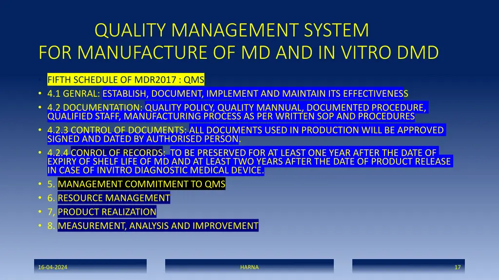quality management system for manufacture