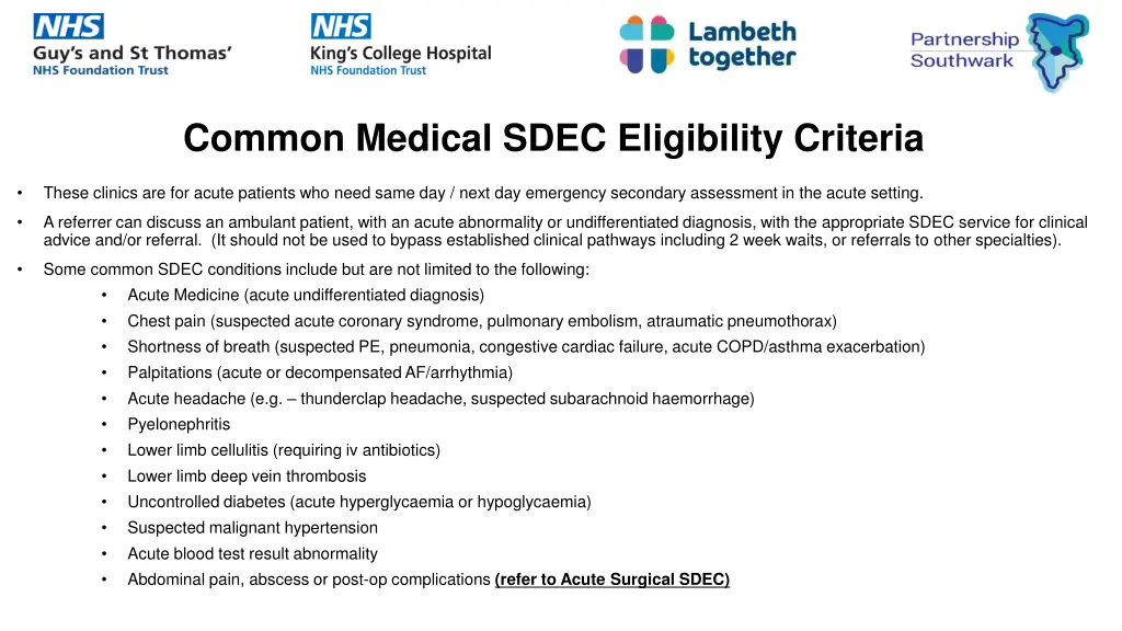 common medical sdec eligibility criteria