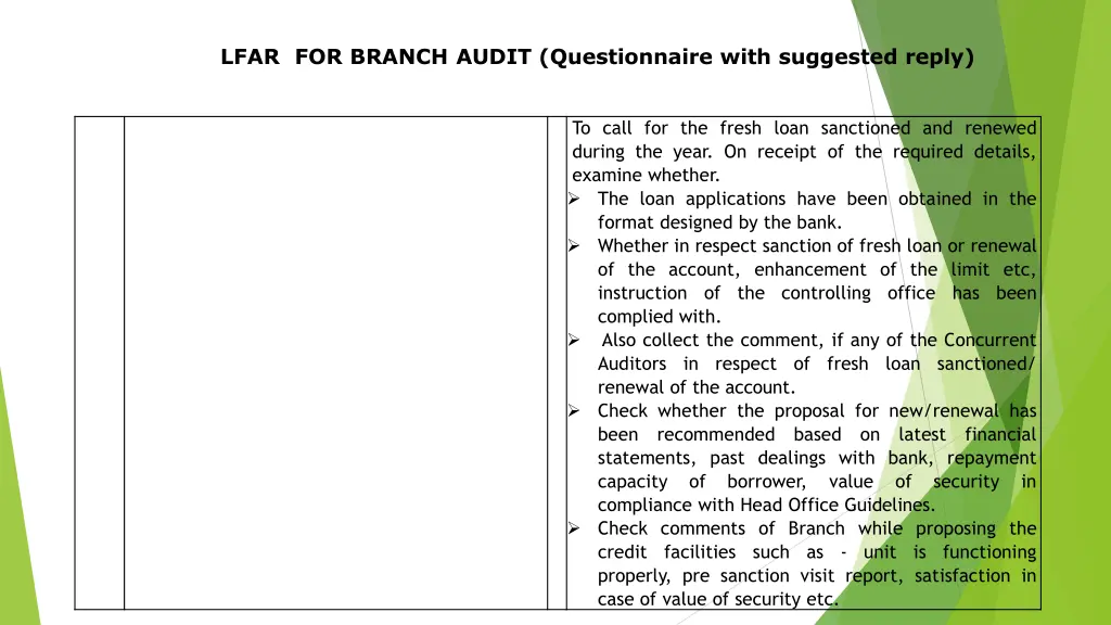 lfar for branch audit questionnaire with 10