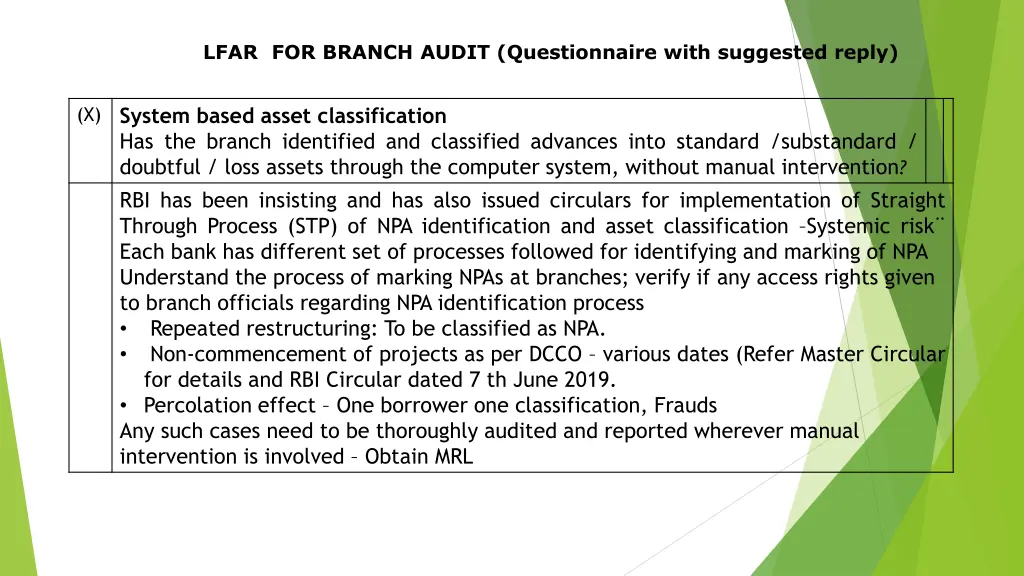 lfar for branch audit questionnaire with 22