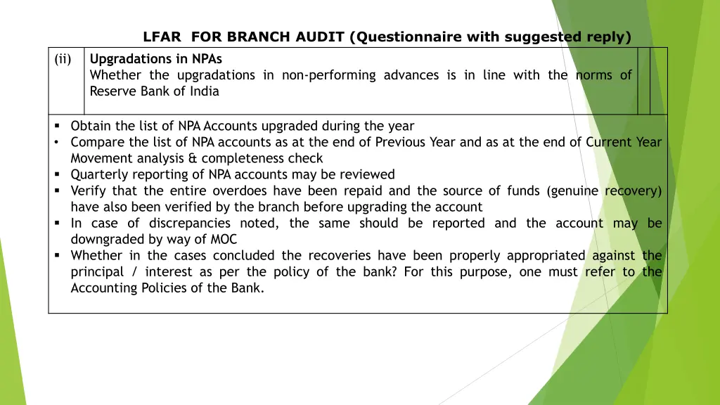 lfar for branch audit questionnaire with 25