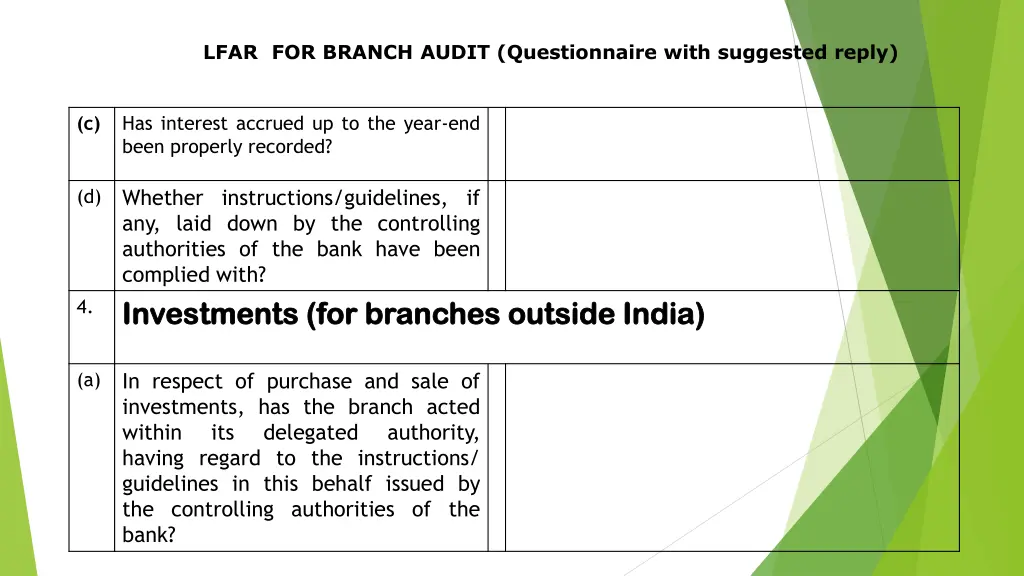 lfar for branch audit questionnaire with 4