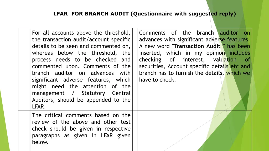 lfar for branch audit questionnaire with 7