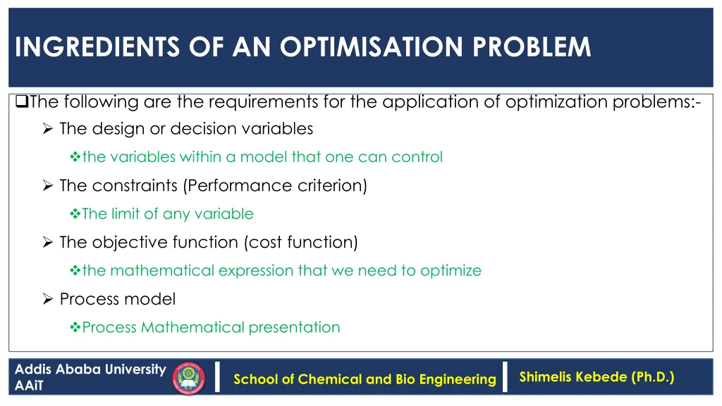 ingredients of an optimisation problem