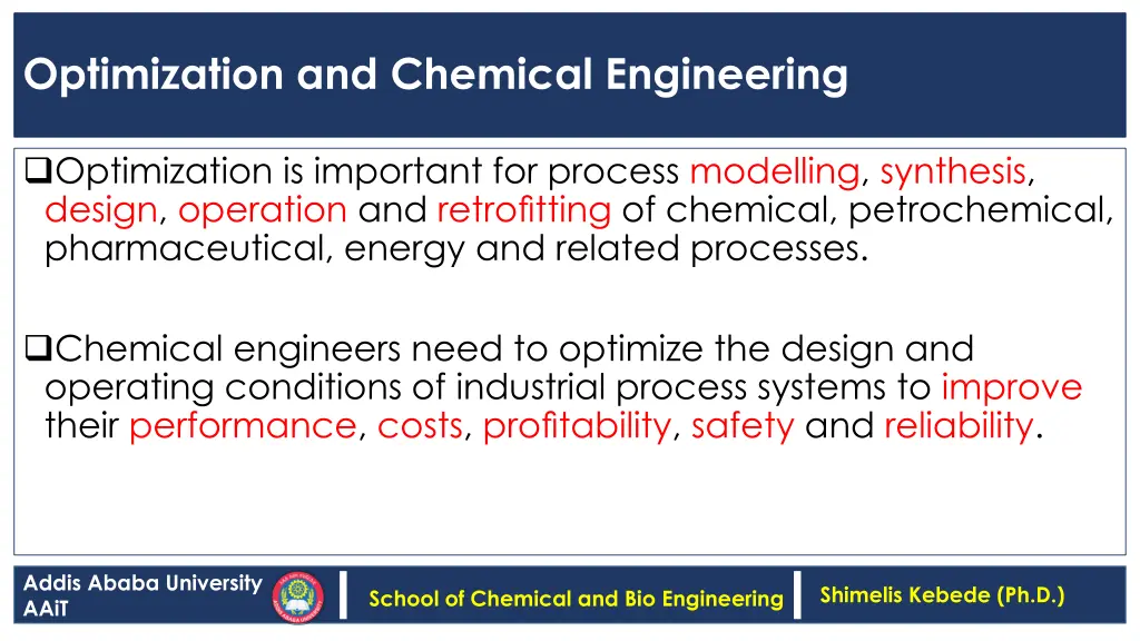 optimization and chemical engineering