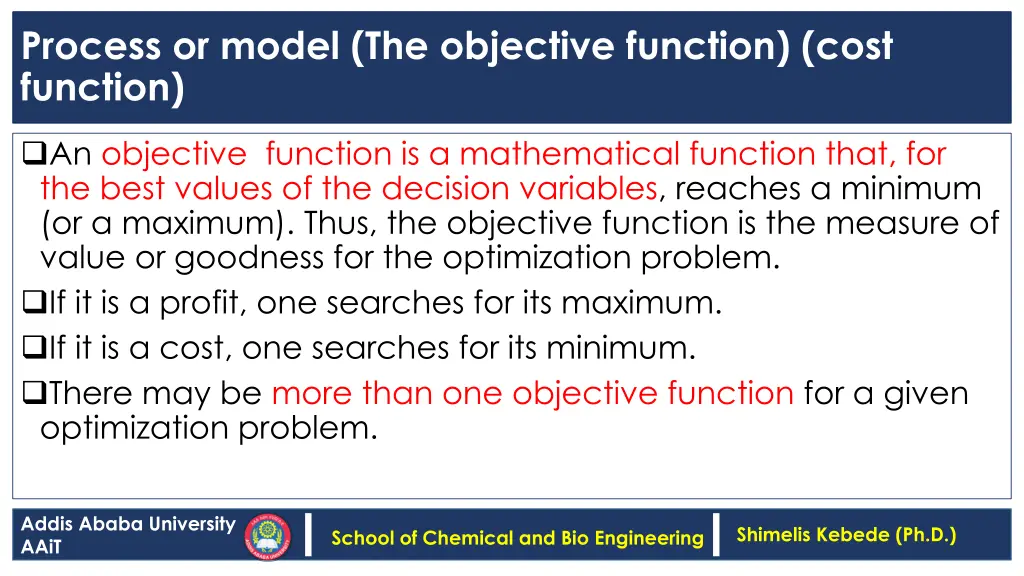 process or model the objective function cost
