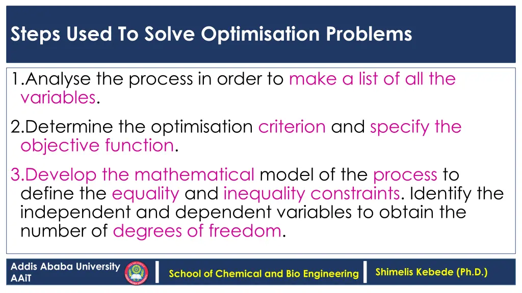 steps used to solve optimisation problems