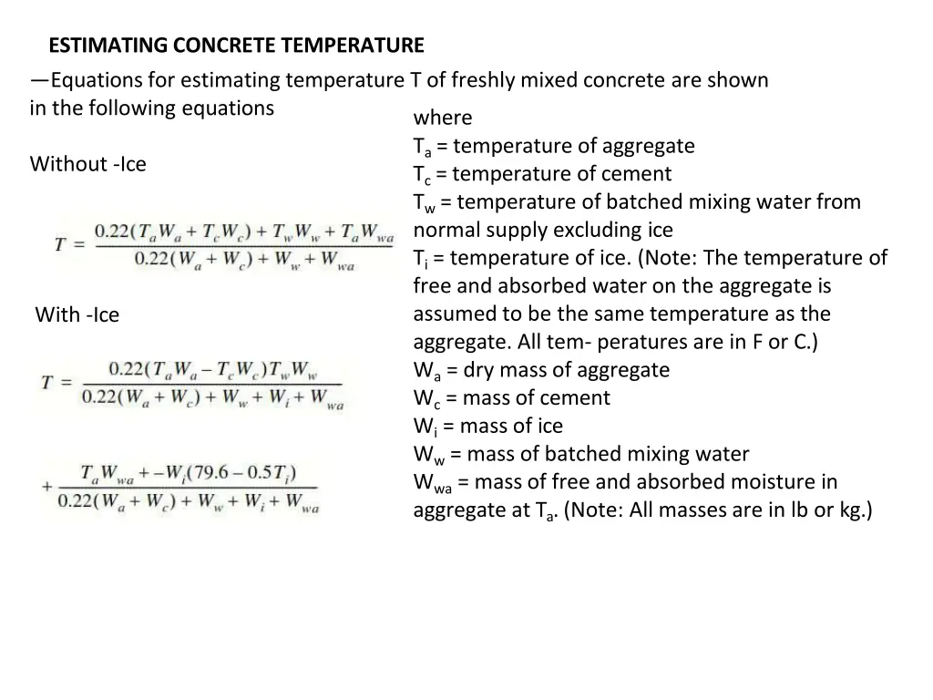 estimating concrete temperature equations