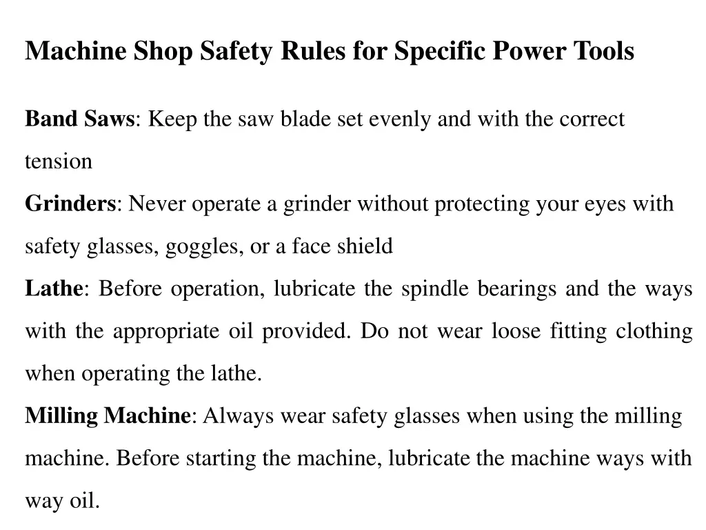 machine shop safety rules for specific power tools