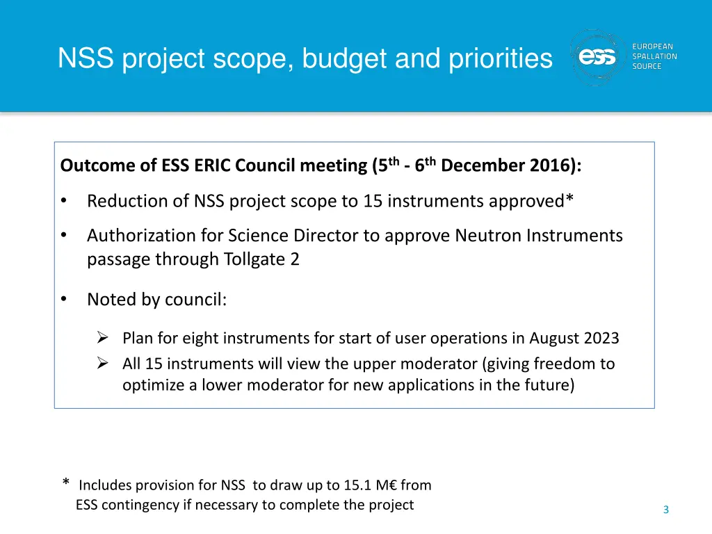 nss project scope budget and priorities