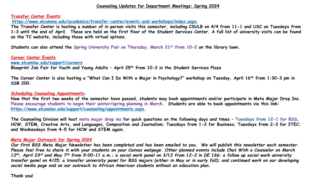 counseling updates for department meetings spring