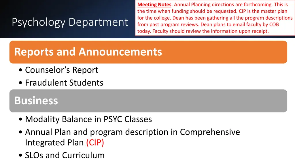 meeting notes annual planning directions