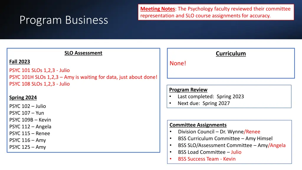 meeting notes the psychology faculty reviewed