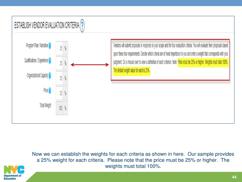 now we can establish the weights for each