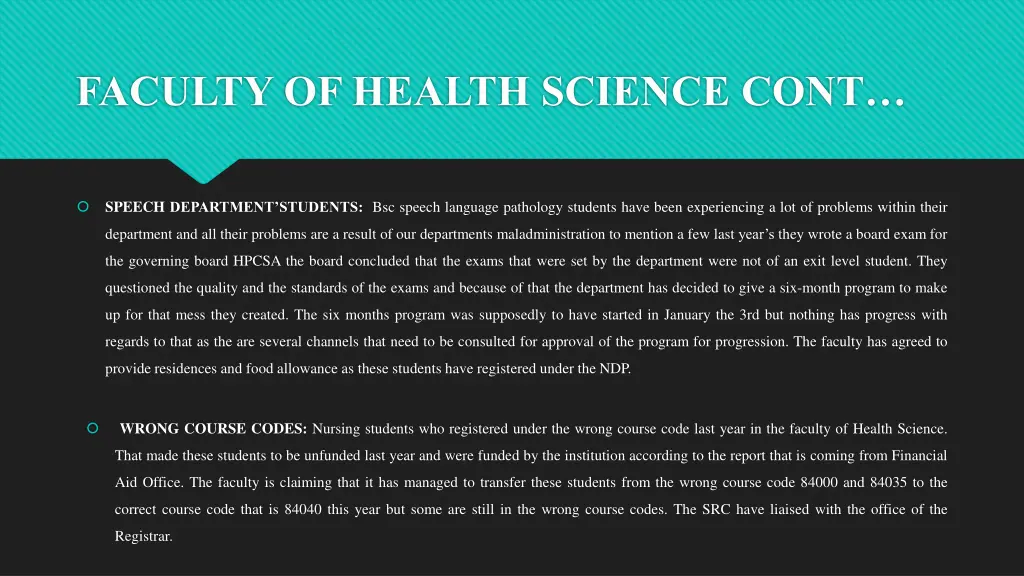 faculty of health science cont