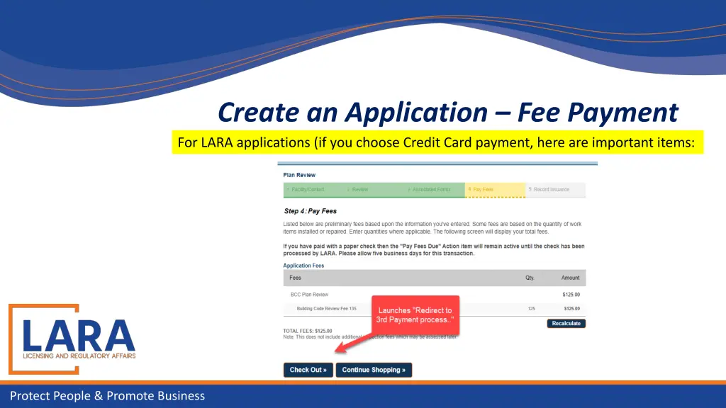 create an application fee payment for lara