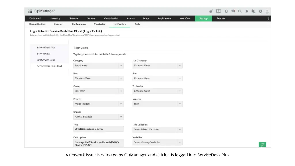 a network issue is detected by opmanager