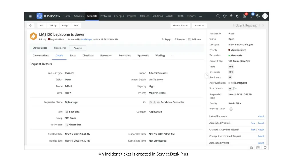 an incident ticket is created in servicedesk plus