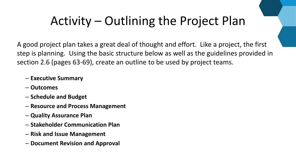 activity outlining the project plan