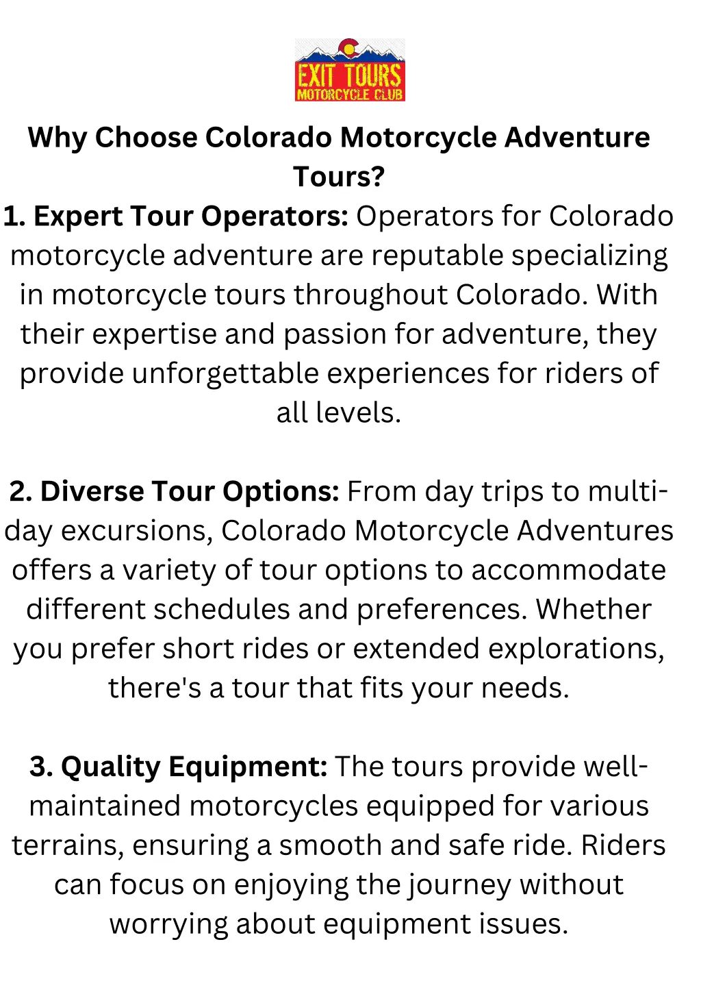 why choose colorado motorcycle adventure tours