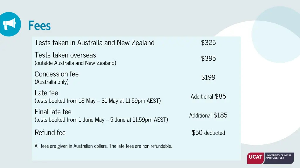 fees tests taken in australia and new zealand