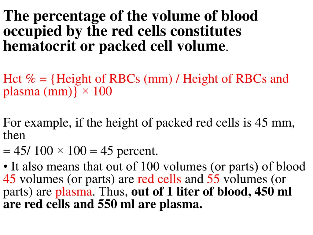 the percentage of the volume of blood occupied