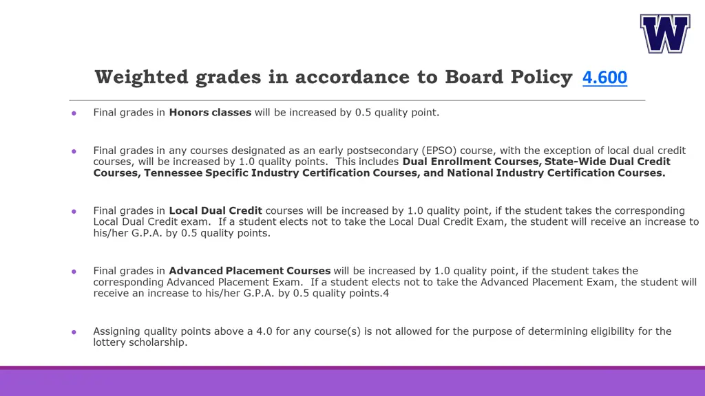 weighted grades in accordance to board policy