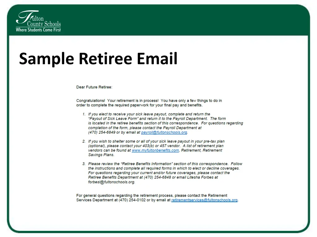 sample retiree email