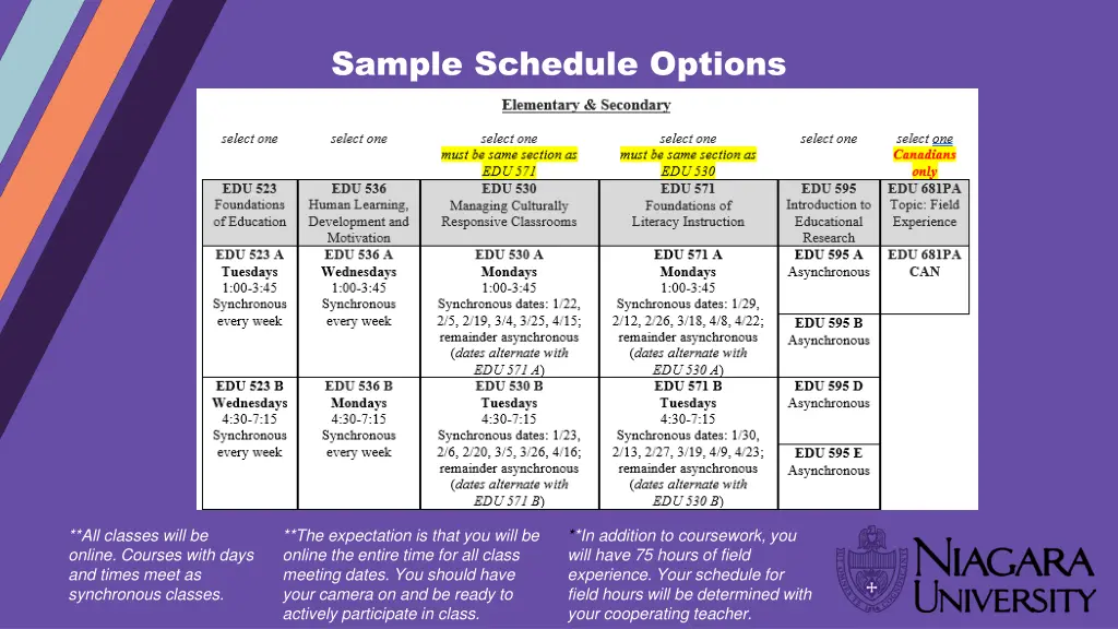 sample schedule options