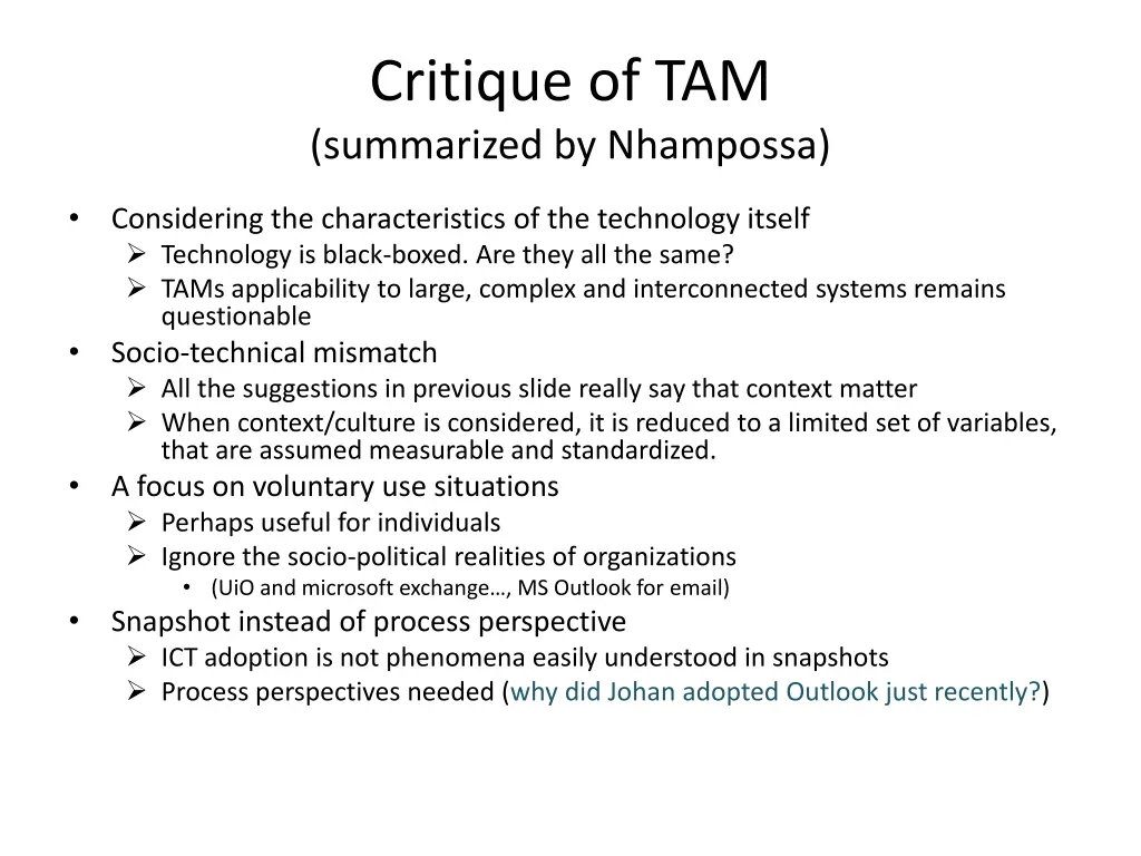 critique of tam summarized by nhampossa