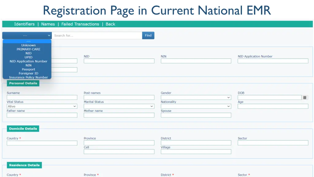 registration page in current national emr