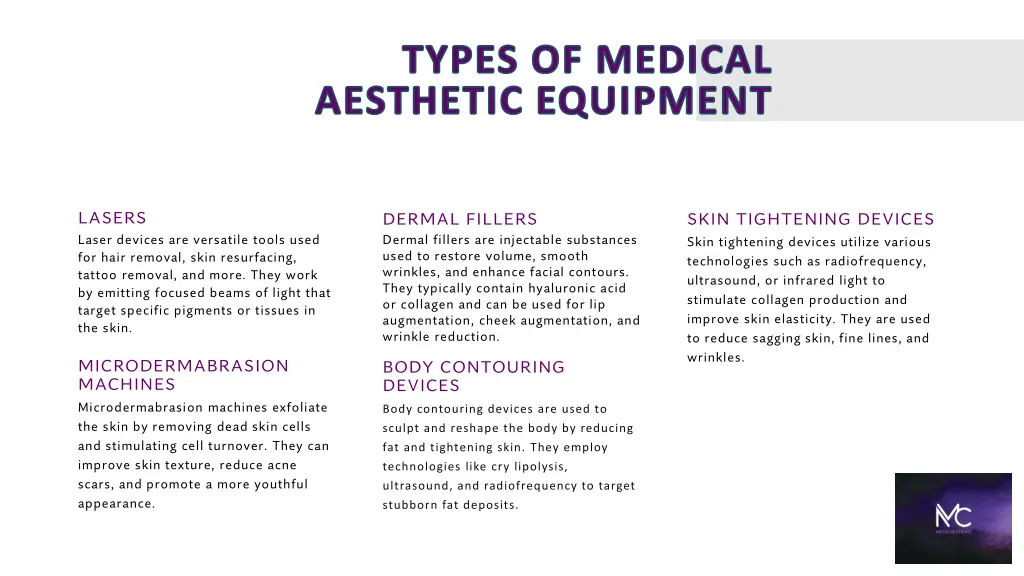 types of medical aesthetic equipment