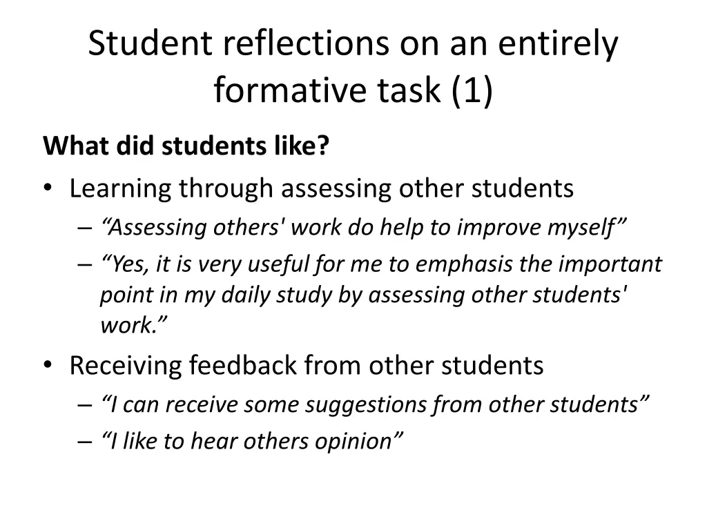 student reflections on an entirely formative task