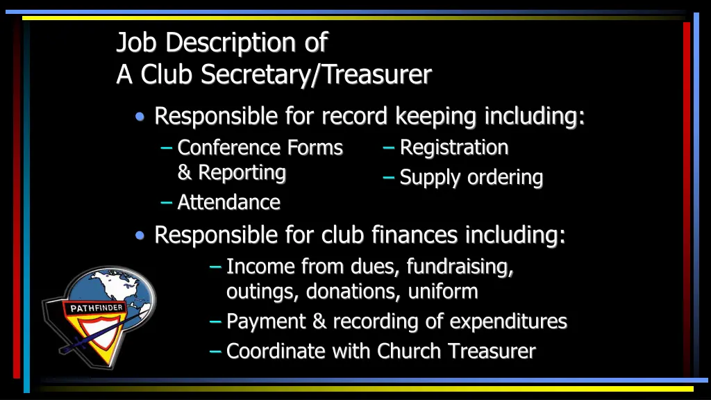 job description of a club secretary treasurer