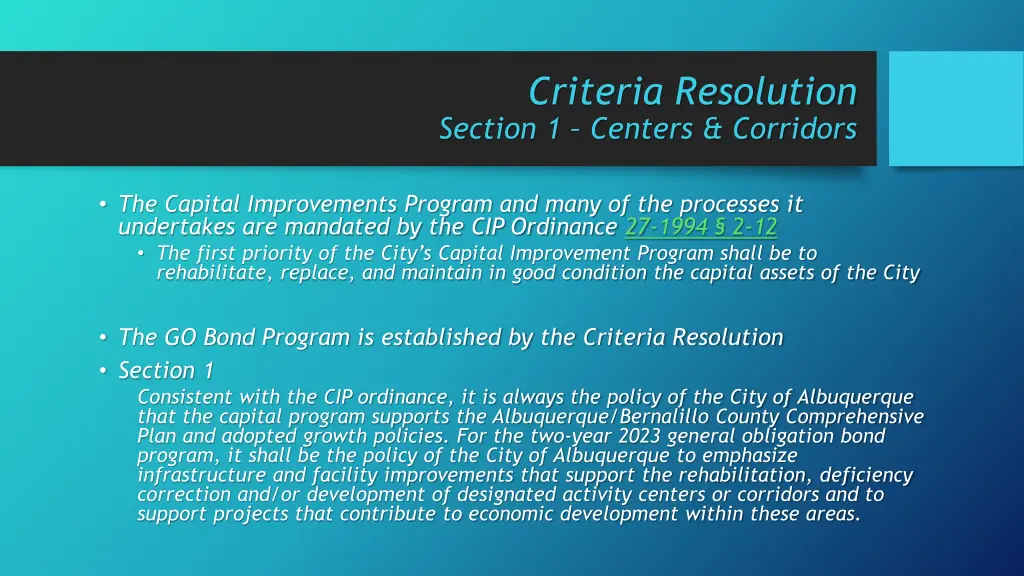 criteria resolution section 1 centers corridors