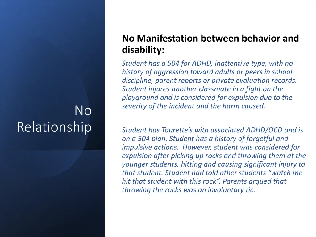 no manifestation between behavior and disability