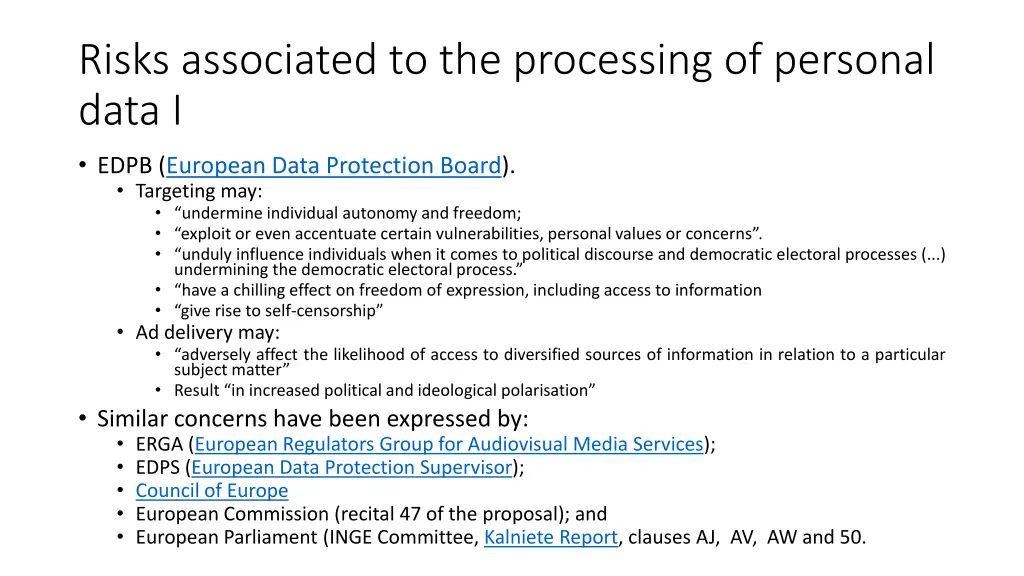 risks associated to the processing of personal