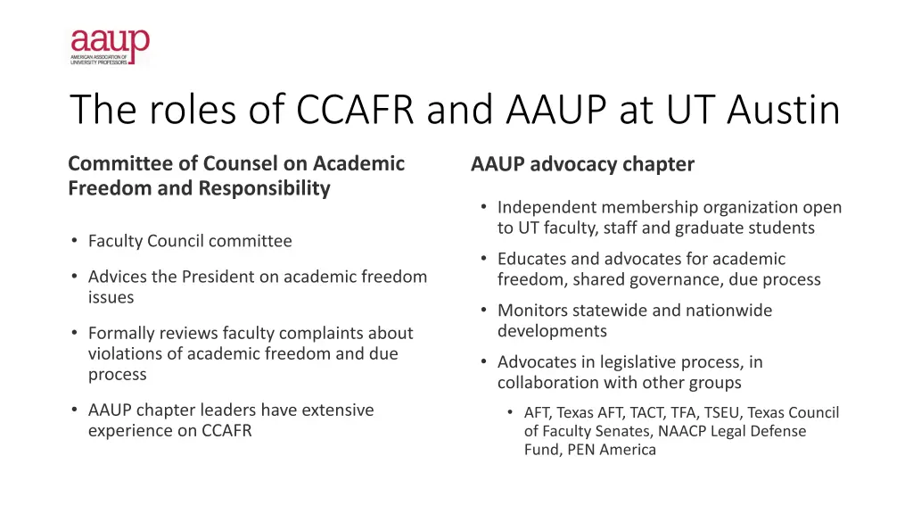 the roles of ccafr and aaup at ut austin