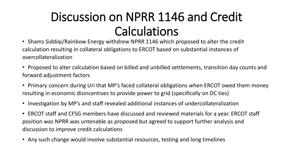 discussion on nprr 1146 and credit discussion