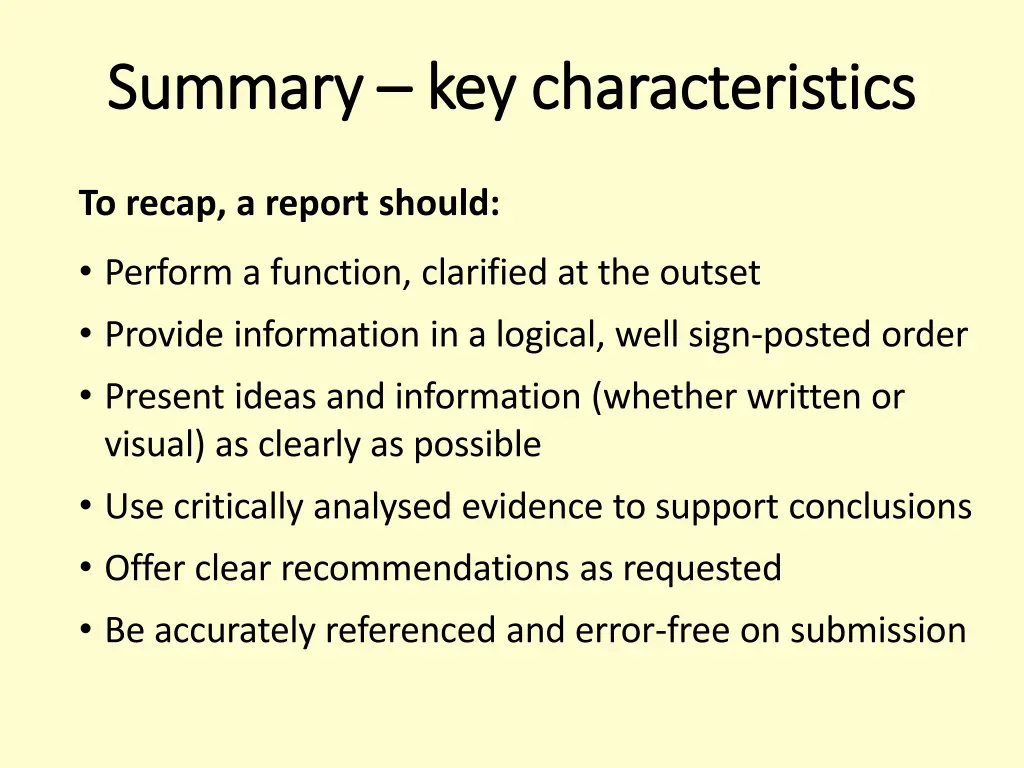 summary summary key characteristics