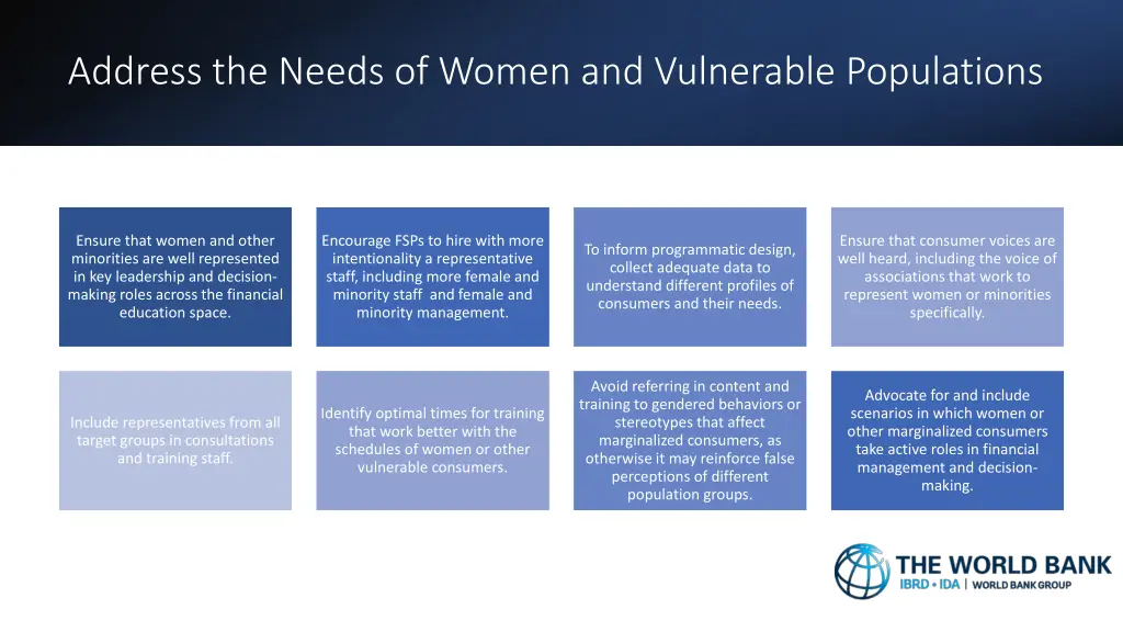 address the needs of women and vulnerable