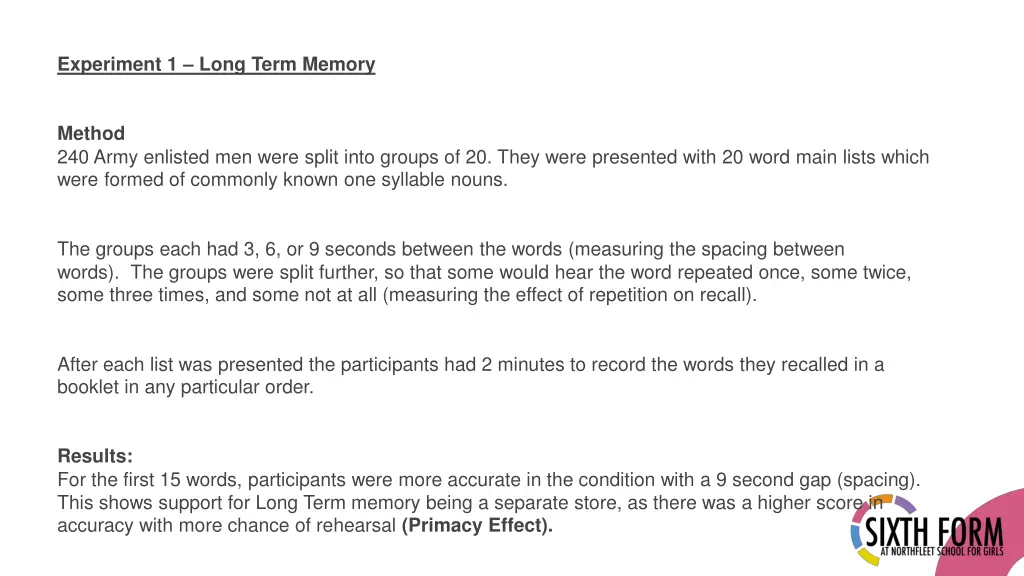 experiment 1 long term memory