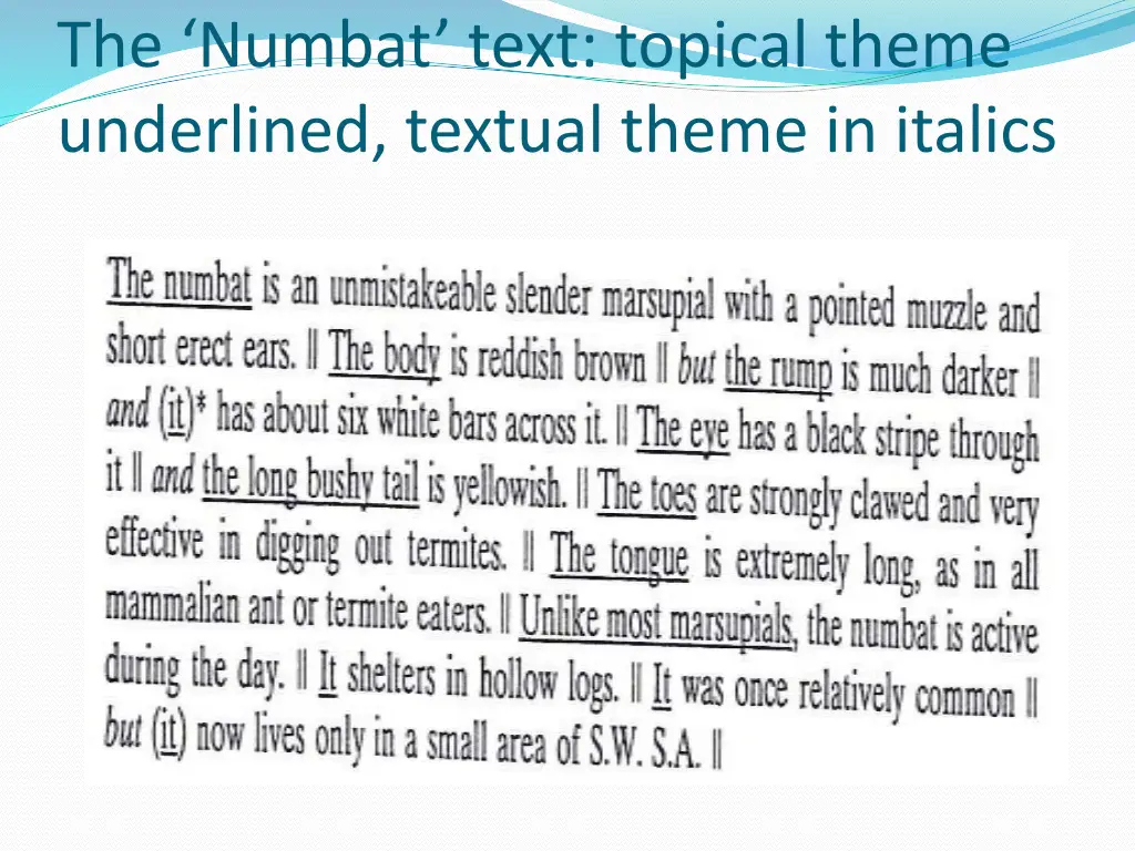 the numbat text topical theme underlined textual