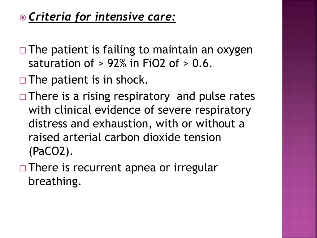 criteria for intensive care the patient