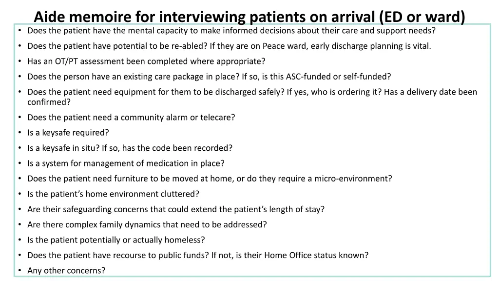 aide memoire for interviewing patients on arrival