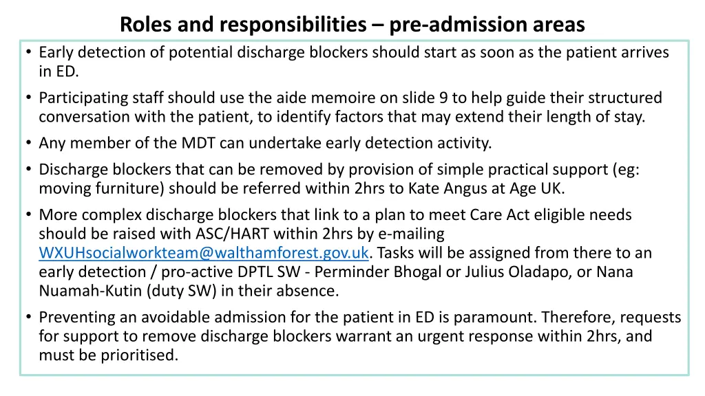 roles and responsibilities pre admission areas