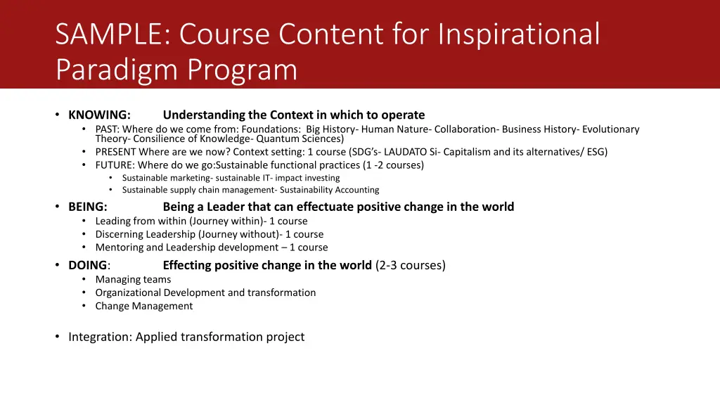 sample course content for inspirational paradigm