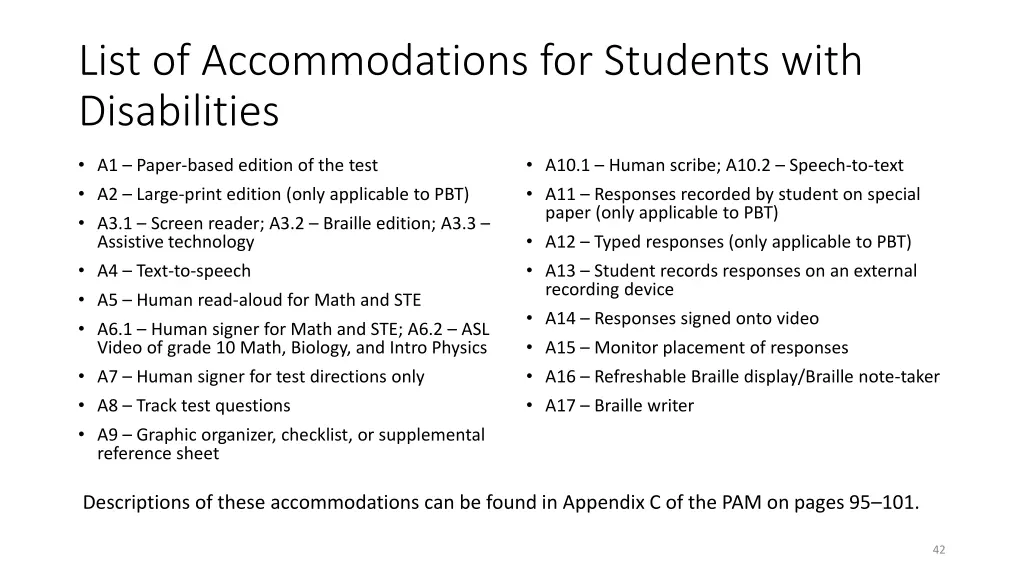 list of accommodations for students with
